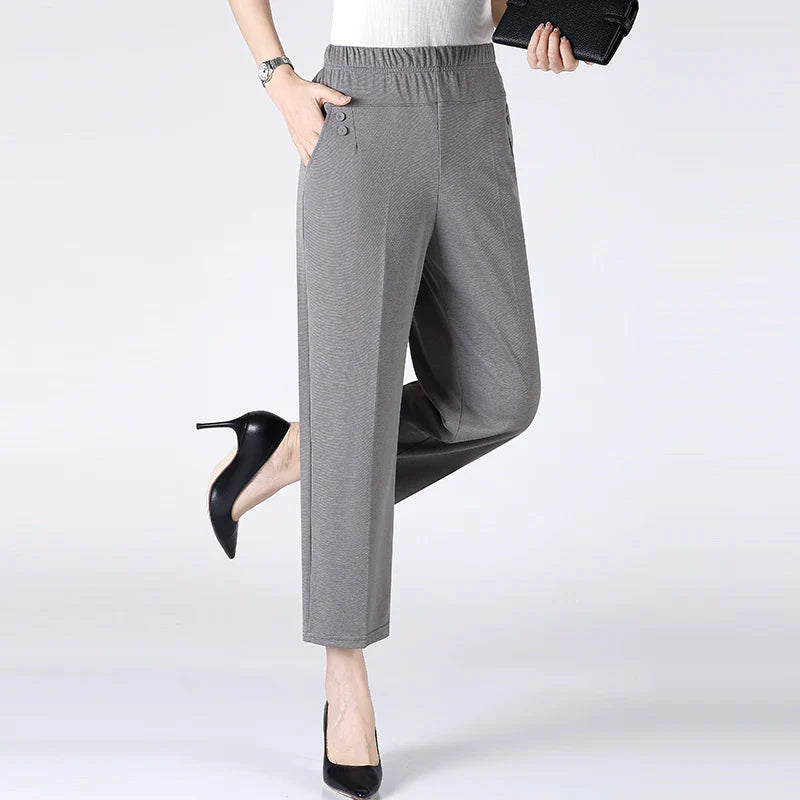 Summer Thin Breathable Elastic Pants 8XL Women's Solid Color High Waisted Loose Casual Pants Middle-aged Elastic straight leg