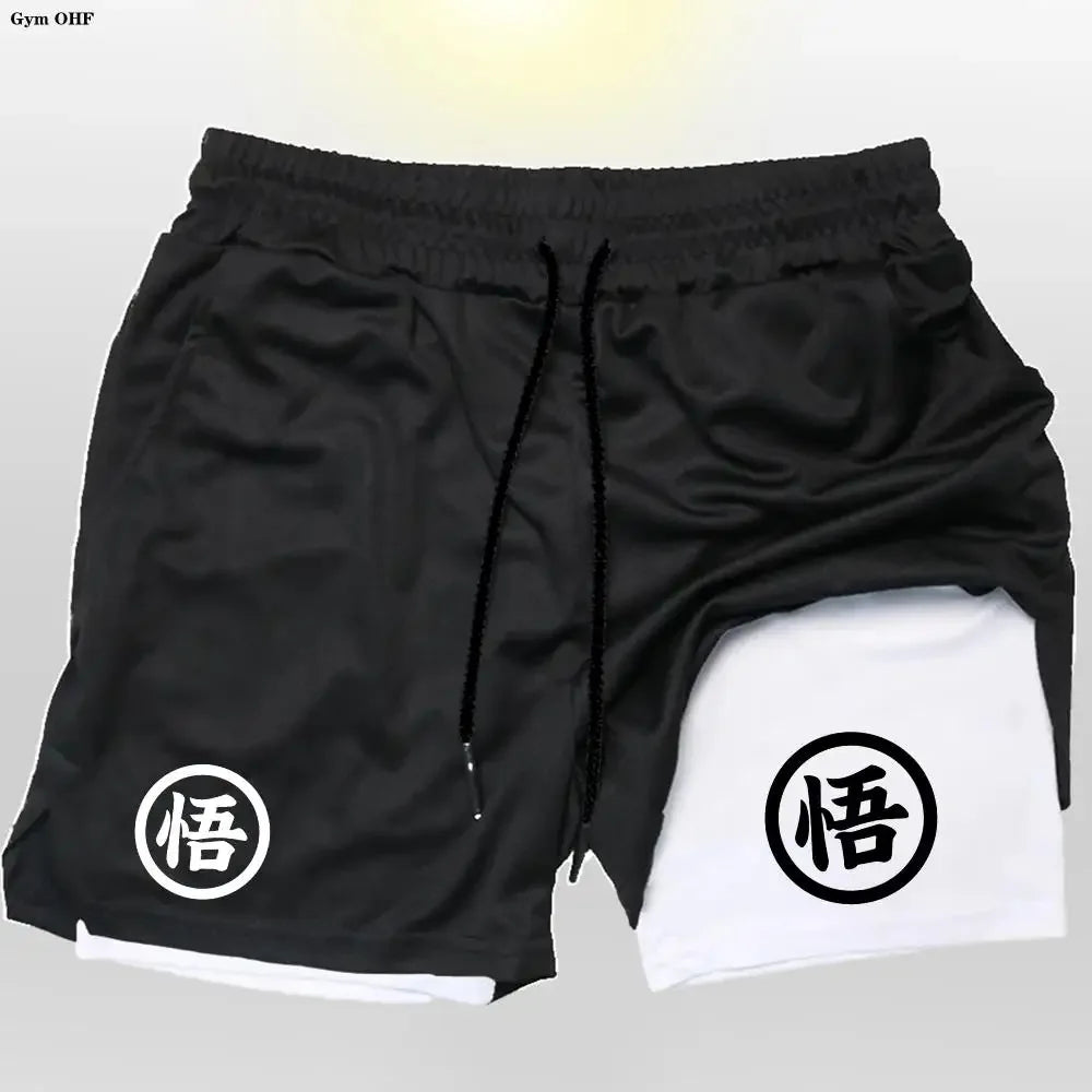Goku Anime Running Shorts Men Fitness Gym Training 2 in 1 Sports Shorts Quick Dry Workout Jogging Double Deck Shorts