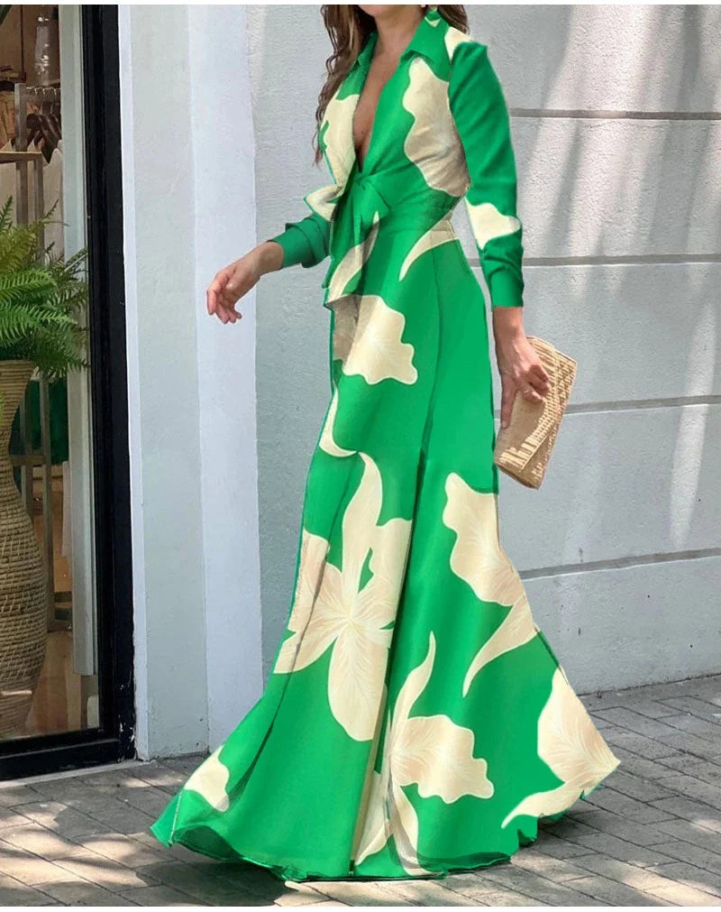 Autumn Winter Fashion V-neck Long Sleeve Elegant Blouse Print Lapel Top Women Solid Color Loose Casual Wide Leg Jumpsuit