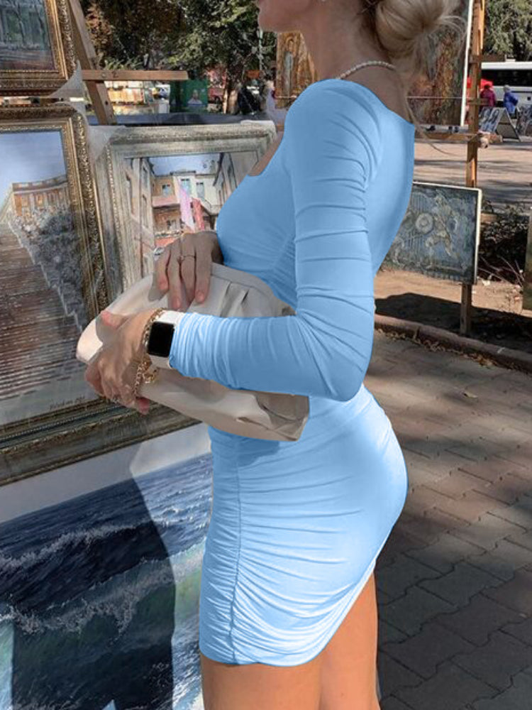 Elegant Square Collar Long Sleeves Folds Slim Bodycon Dress Women Solid Color Skinny Mini Dress Sexy Club Party Vestidos