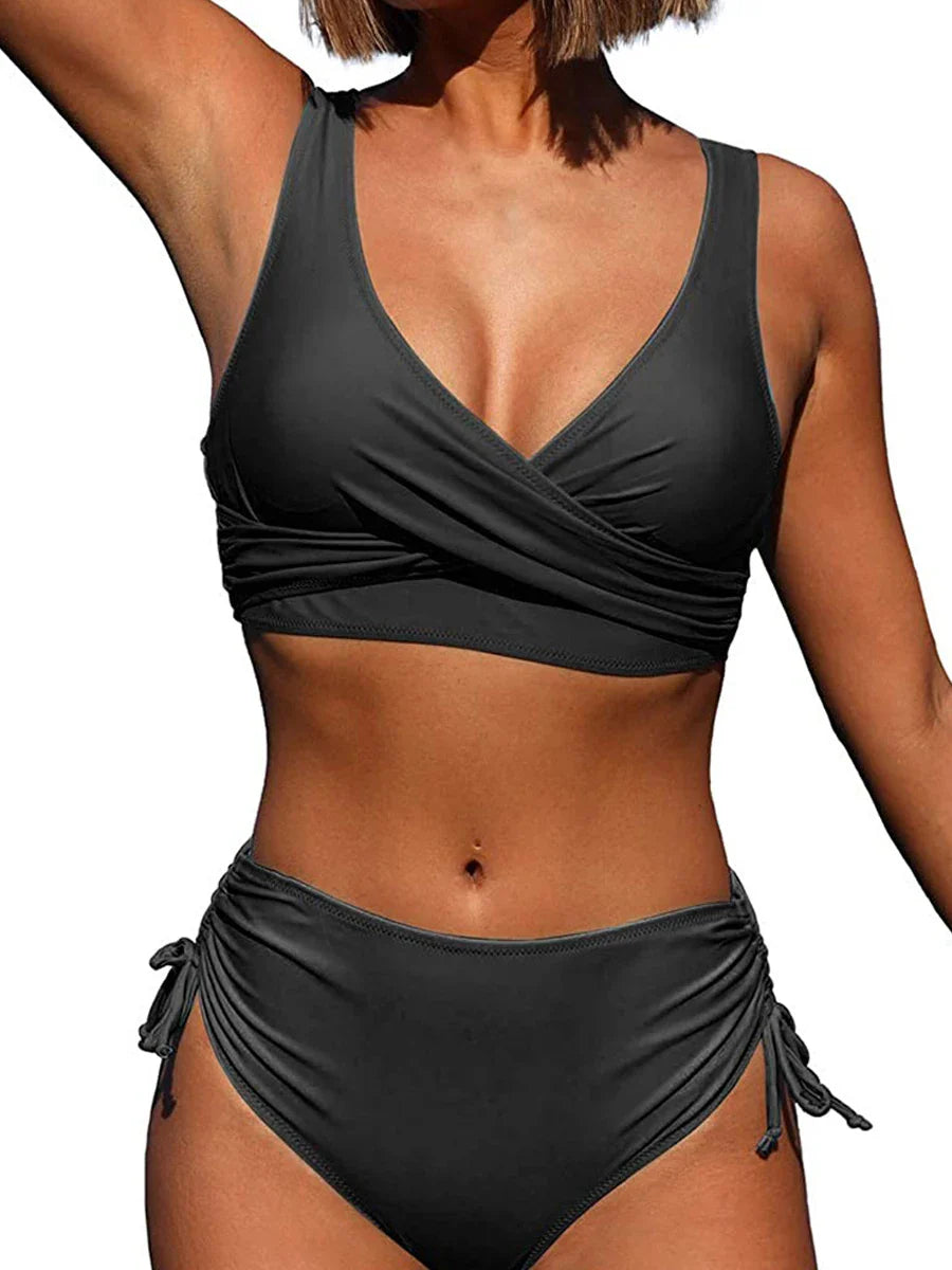 Drawstring High Waist Bikini 2023 Women Solid Swimwear Female Cross Front Swimsuit Padded Beachwear Bather Bathing Swimming Suit