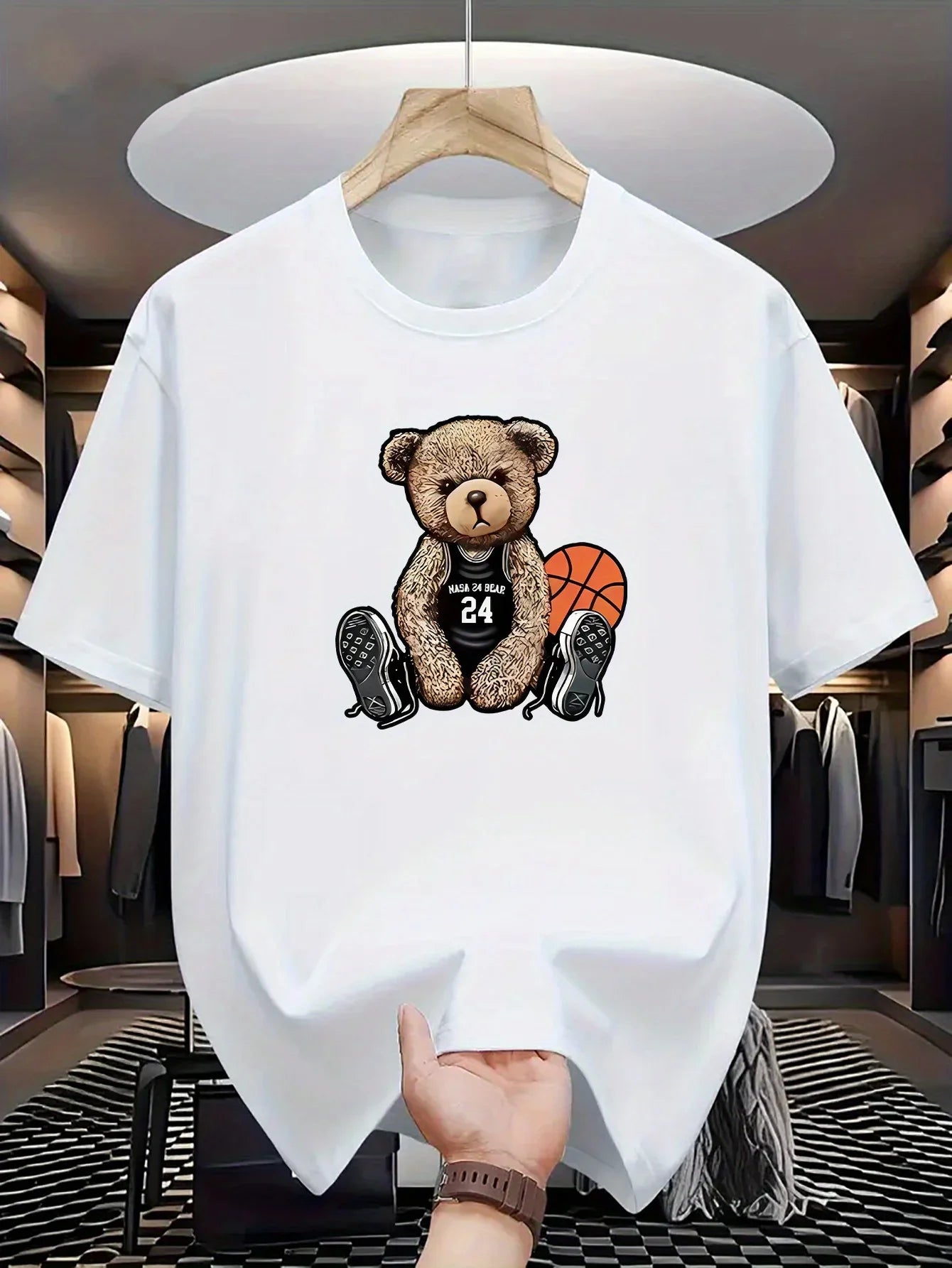 Men's summer 100% pure cotton fashionable casual loose plus size Leisure Bear printed sports round neck short sleeved T-shirt