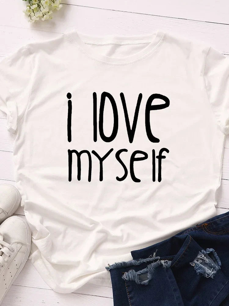 I Love Myself Letter Print Women T Shirt Short Sleeve O Neck Loose Women Tshirt Ladies Tee Shirt Tops Clothes Camisetas Mujer
