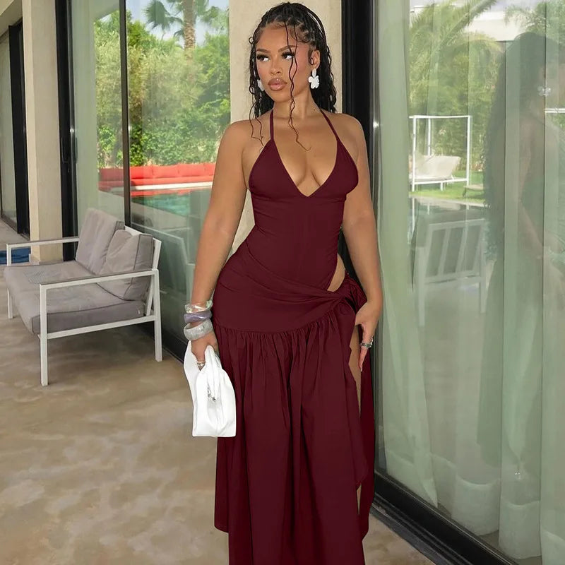 Women Sexy Cut Out Dress Sets Halter Deep V Neck Bodysuit and Tie Maxi Long Skirt Set 2025 Summer Two 2 Piece Vacation Outfits