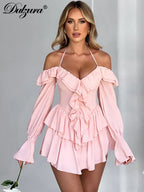 Dulzura Solid Pure Color Halter Ruffle Flare Sleeves Mini Dress 2024 Summer For Women Sexy Elegant Birthday Party Clubwear