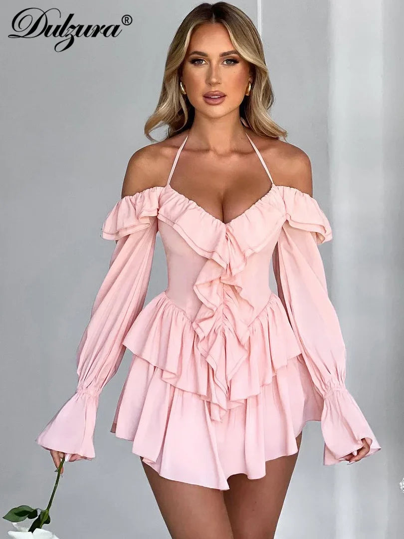 Dulzura Solid Pure Color Halter Ruffle Flare Sleeves Mini Dress 2024 Summer For Women Sexy Elegant Birthday Party Clubwear