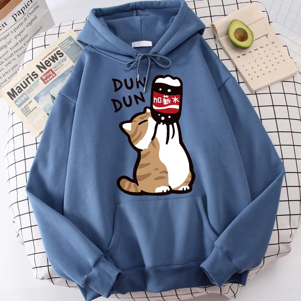 Cartoon Cat Drink Salary Increase Beverages Mens Hooded Jacket Casual Cartoon Hoodies Pleasure Sweatshirts Home Harajuku Tops