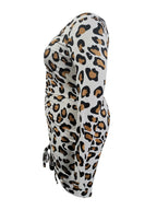 L-5XL LW Plus Size Elegant Off The Shoulder Leopard Print Mid Calf Dress Spring Summer Bateau Neck Ruched Bodycon Dresses