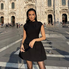 Elegant 2025 New Mini Dresses Fashion Women Black Solid Basic Pocket O-Neck Slim Fit Bodycon Casual High Waist Zipper Vestidos