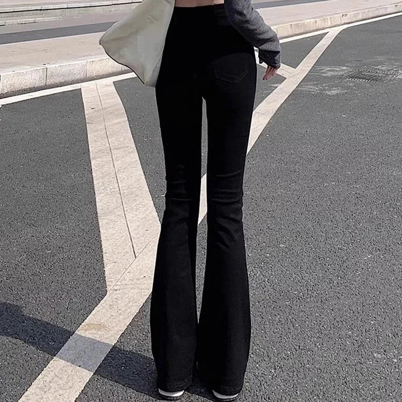 Woman American High Waist Slim Fit Bell Bottom Jeans Female Fashion Y2k Flare Pants Girls Elastic Designer Black Denim Trousers