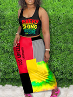 LW Plus Size Casual Outfits Two Piece Set Women's Letter Print Round Neck Crop Tank Top & Slim Fit Maxi Skirt