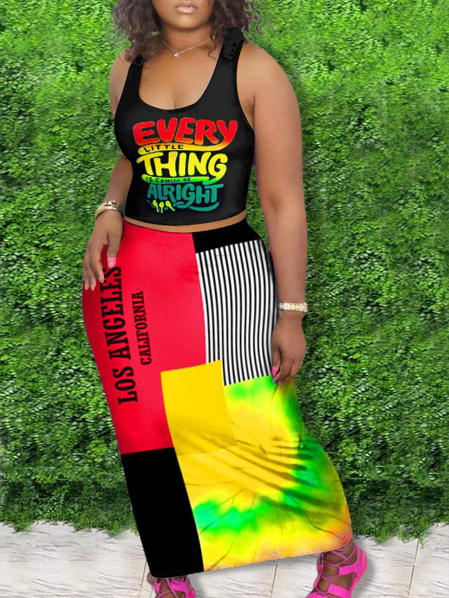 LW Plus Size Casual Outfits Two Piece Set Women's Letter Print Round Neck Crop Tank Top & Slim Fit Maxi Skirt