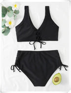 Drawstring High Waist Bikini 2023 Women Solid Swimwear Female Cross Front Swimsuit Padded Beachwear Bather Bathing Swimming Suit