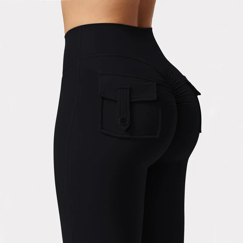 New women's casual flared yoga pants, training flared pants, high waisted work clothes, belt pocket sportswear