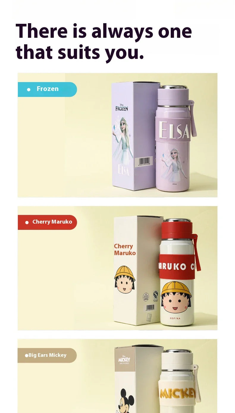Disney Bullet Thermos Cup 500ML Stainless Steel 316 Children's Vacuum Flask Cartoon Students Special Rope Insulated Water Bottle