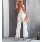 Women's Clothing Elegant Jumpsuit, Spaghetti Straps V Neck Solid Color Lace Open Back Wide-leg Jumpsuits Long Playsuit