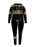 LW Plus Size Autumn  Women Long Sleeves Two Pieces Hooded Collar Leopard Print Tracksuit Set Sweatshirts Pullover Hoodies Pant