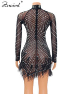 Znaiml Luxury 2023 Evening Celebrity Feathers Sheer Mesh Short Dresses for Women Sexy Pearls Rhinestones Party Birthday Vestidos