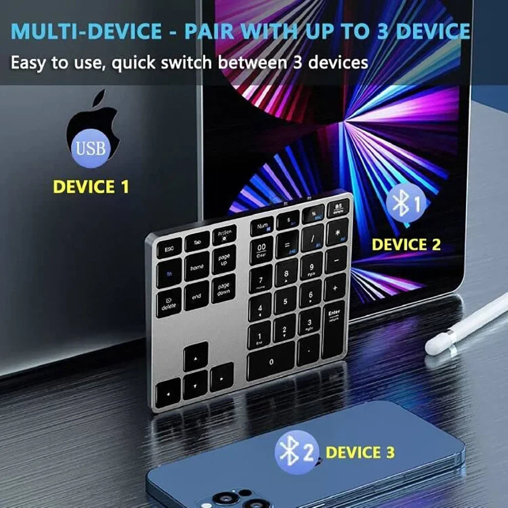Wireless Number Pad Rechargeable Bluetooth Numeric Keyboard For Mac Windows 35-Keys Aluminum Numpad Keypad For Accountants
