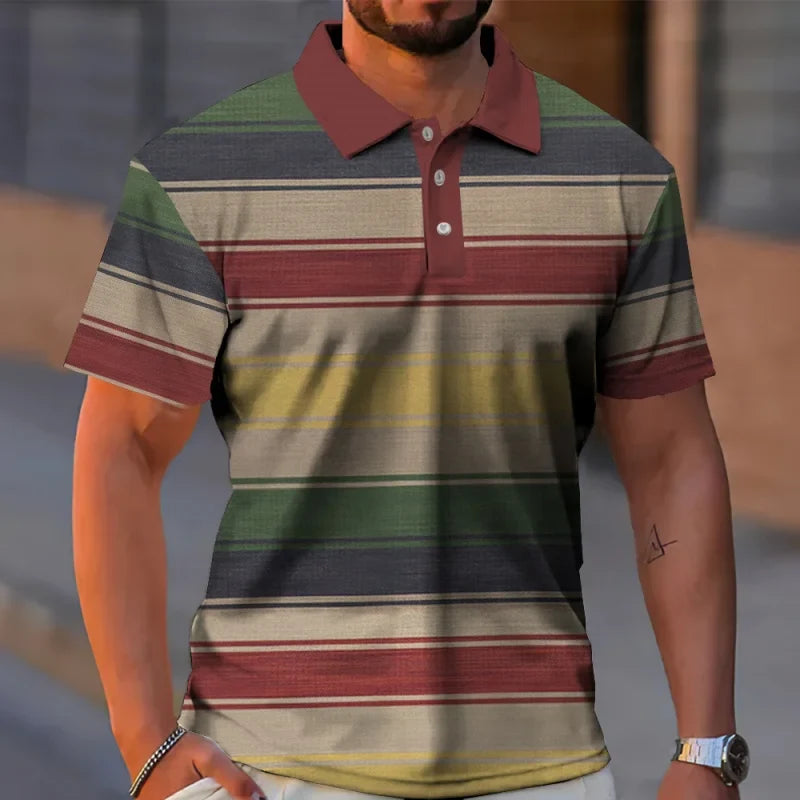 Colorful Stripes 3D Printed Polo Shirt For Men Geometric Color Block Pattern T-Shirt Casual Lapel Tops Loose Short Sleeve Tees
