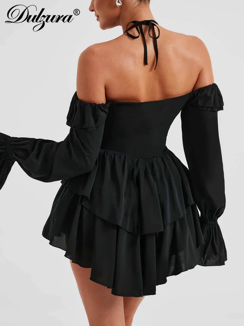 Dulzura Solid Pure Color Halter Ruffle Flare Sleeves Mini Dress 2024 Summer For Women Sexy Elegant Birthday Party Clubwear