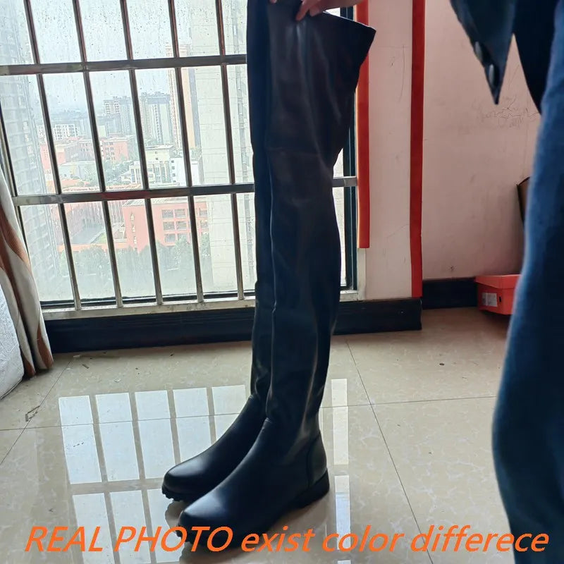 ANOVISHANA New Winter Autumn Over Knee Boots 3.5cm Square Heel Round Toe Leather Thigh High Fashion Big Size 45 46 47 48 US17