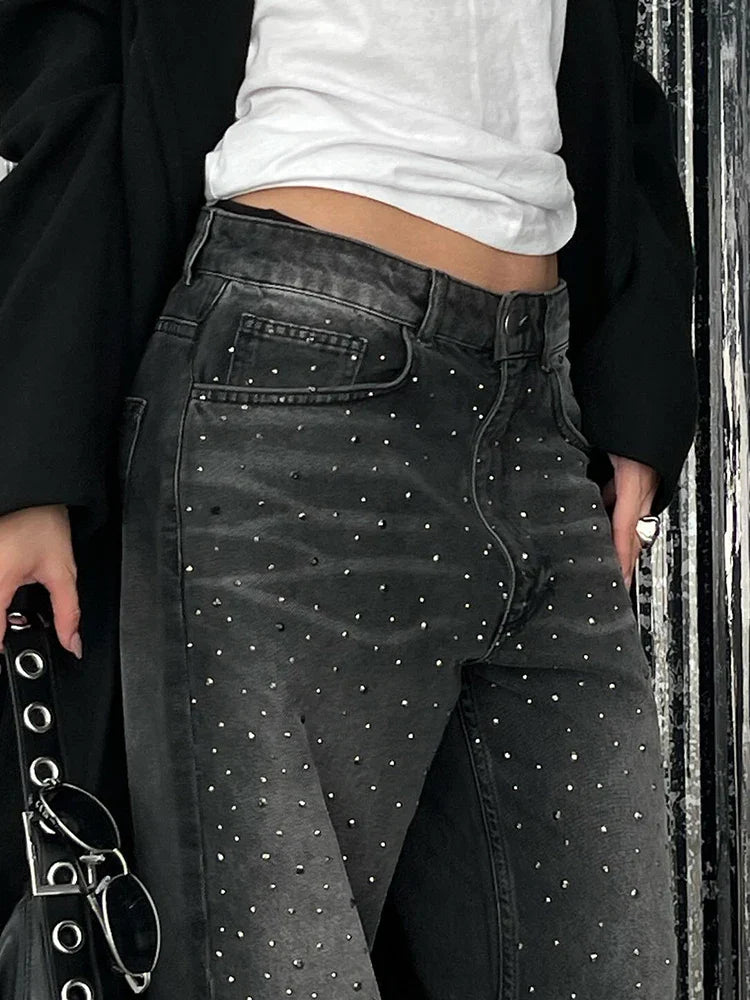 Cuteandpsycho Vintage Rhinestone Loose Jeans Fashion Low Waisted Pockets Zipper Pants Harajuku Chic Streetwear Bottoms for Women