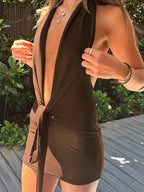 Weird Puss Tight Bandage Dress Women Backless Deep V-Neck Sexy Halter Summer Midnight Hottie Sexy Clubwear Trend Hipster Bodycon