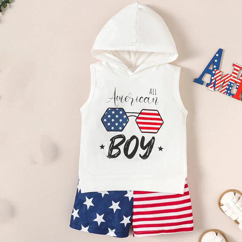 Toddler Baby Boy 4th of July Outfits, Letter Print Hooded Tank Tops Elastic Waist Striped Shorts Infant Summer Set