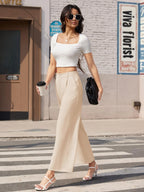 TACVASEN High Waisted Fashion Wide Leg Trousers Womens Loose Casual Long Pants Lightweight Soft Button Closure 2 Pockets Pants