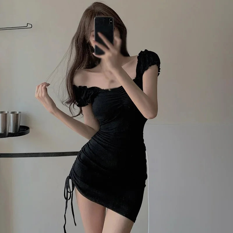 Women Dress Korean Summer Solid Color Slash Neck Drawstring Slim Sexy Short Sleeve Dresses