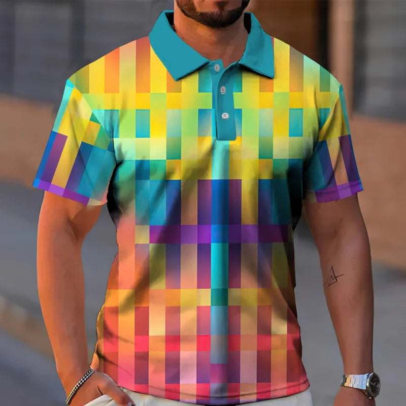 Colorful Stripes 3D Printed Polo Shirt For Men Geometric Color Block Pattern T-Shirt Casual Lapel Tops Loose Short Sleeve Tees