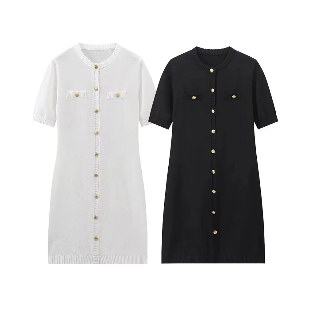 Elegant Women's Knitted Short Sleeve Dress Single Breasted High Waist Button Mini Curvy Dresse Knitwears White Black Summer 2025