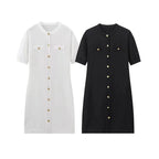 Elegant Women's Knitted Short Sleeve Dress Single Breasted High Waist Button Mini Curvy Dresse Knitwears White Black Summer 2025