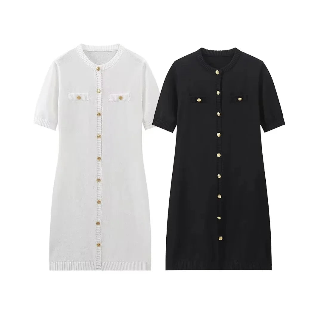 Elegant Women's Knitted Short Sleeve Dress Single Breasted High Waist Button Mini Curvy Dresse Knitwears White Black Summer 2025