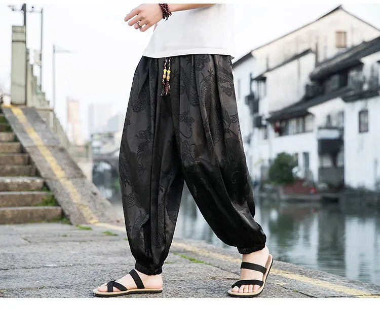 FGKKS 2023 Outdoor Brand Pants For Men Lce Silk Dragon Dark Flower Loose Bloomers High Quality Wide Leg Casual Trousers Male