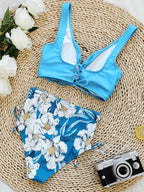 Floral Print V Neck Bikini Sets, Tie Back Tie Side Cut Out High Waist High Cut Two Pieces Swimsuit, Women's Swimwear & Clothing