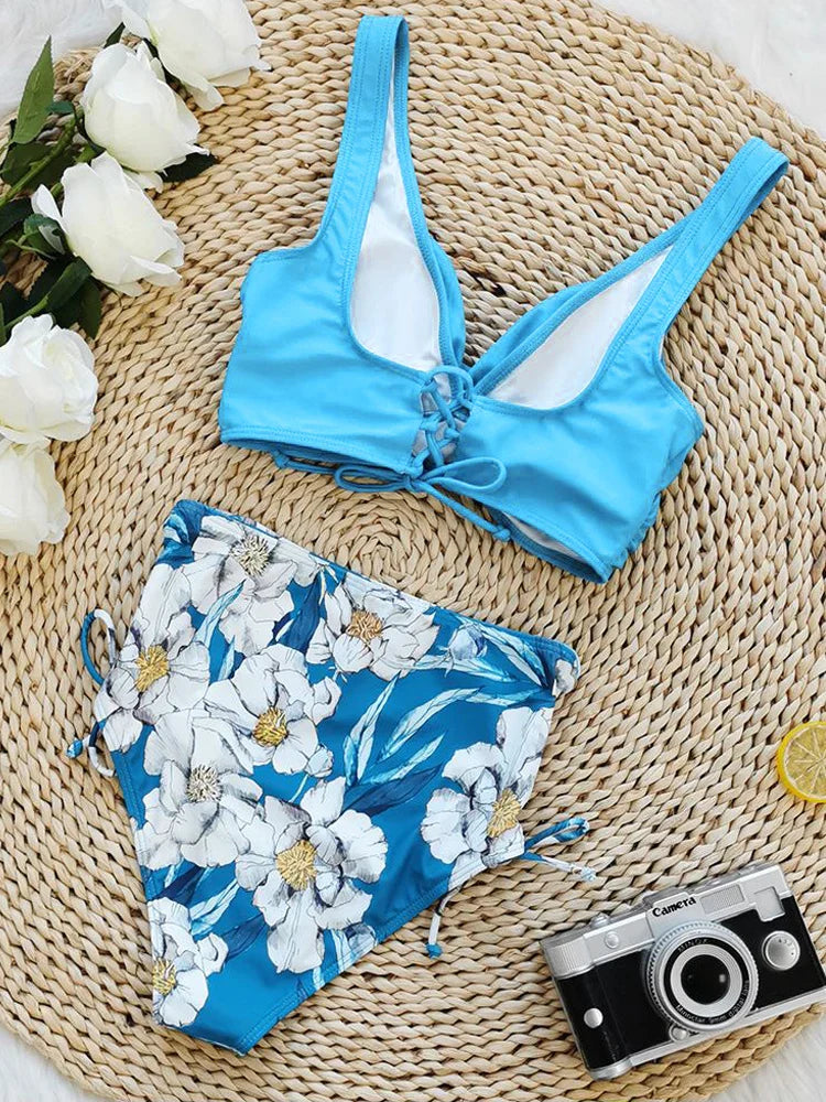 Floral Print V Neck Bikini Sets, Tie Back Tie Side Cut Out High Waist High Cut Two Pieces Swimsuit, Women's Swimwear & Clothing
