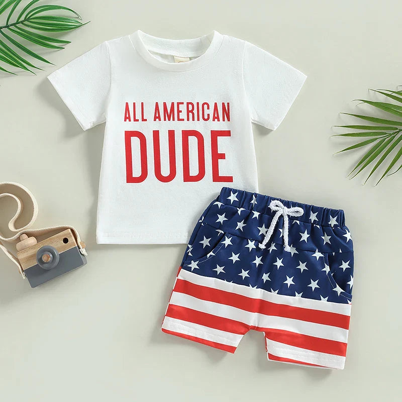 Citgeett Summer Independence Day Toddler Boys Outfits Short Sleeve Letter Print T-Shirts + Front Shorts Clothes Set