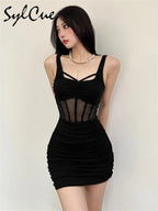 Sylcue Black Mysterious Sexy Mature Beautiful Tight Hot Confident Summer Party Intellectual Elegant Simple Women'S Strap Dress