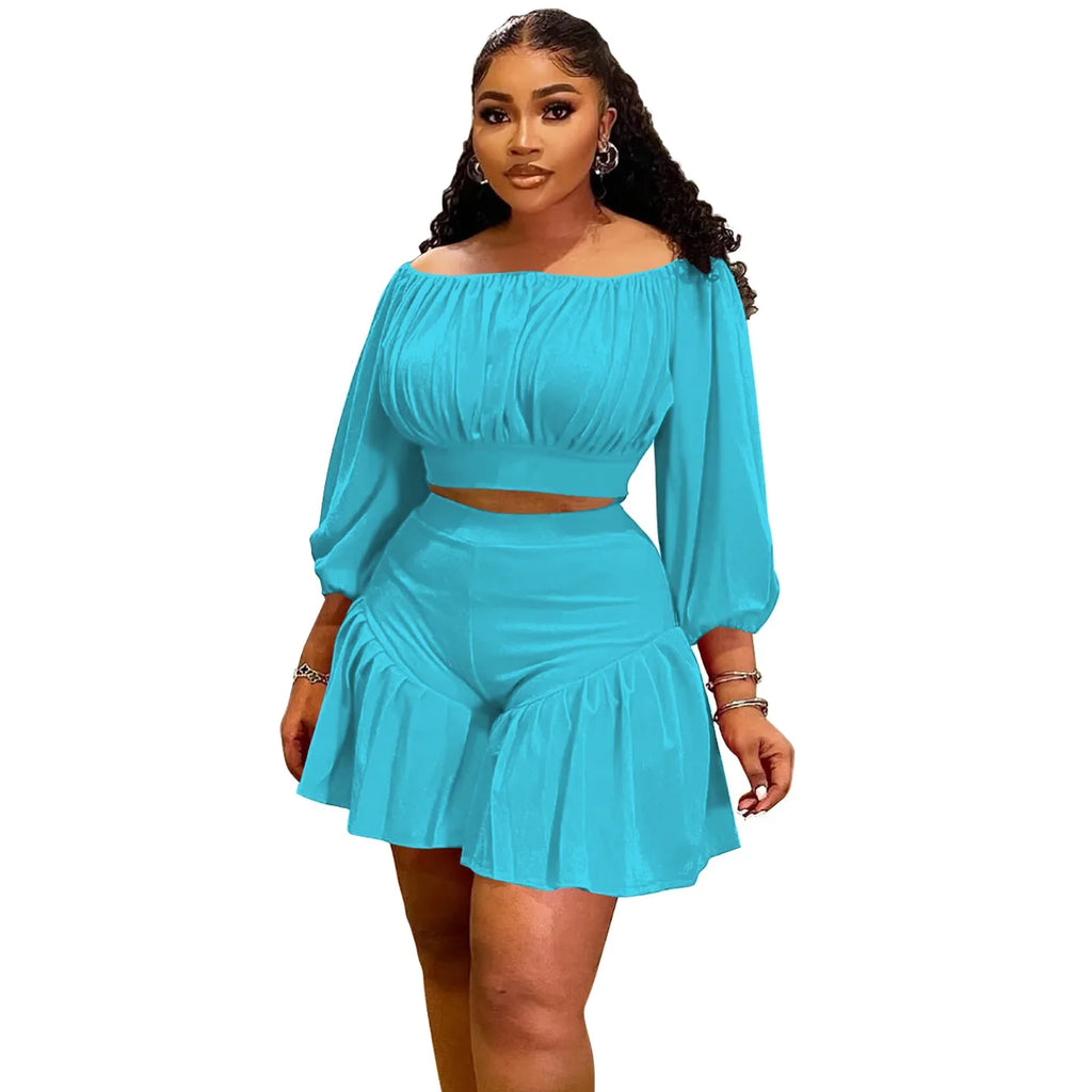 CM.YAYA Plus Size Women's Set Long Sleeve Slash Neck T-Shirt and Shorts 2025 Summer Ruched Two 2 Piece Set Outfits Tracksuit
