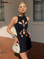 Weird Puss Hollow Flower Dress Sexy Chic Circle Devise Summer Trend Skinny Elastic Stretch Sleeveless Peach Hip Bodycon Clubwear