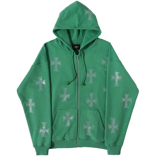 European and American loose top cross hot diamond hoodie women's high street Harajuku retro hip hop zipper Y2K hooded sweatshirt