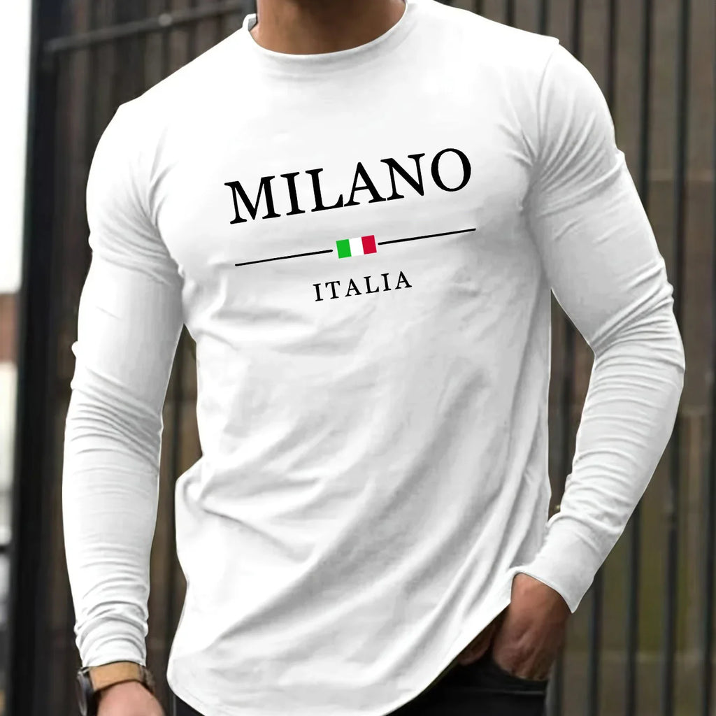 Men's 100% pure cotton comfortable casual loose oversized MALINO ITALIA printed sports round neck long sleeved T-shirt top