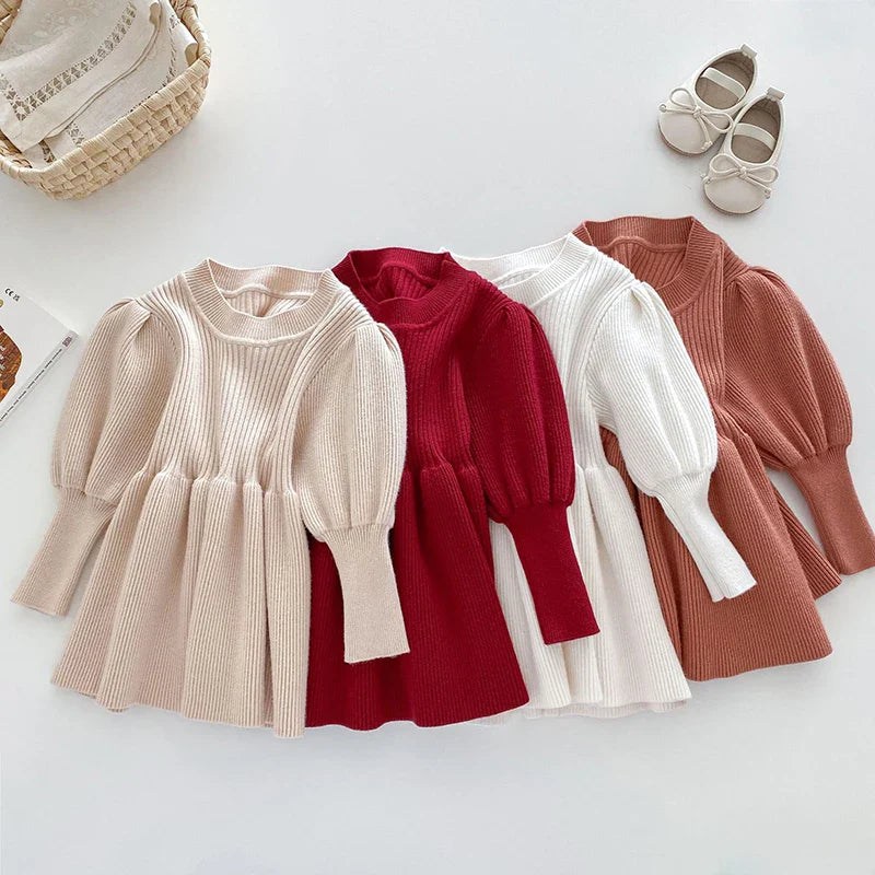 Baby Girls Knit Dress Autumn Winter Princess Dress Knitted Sweater Outfits Long Sleeve Red Christmas Party Dress Kids Clothes