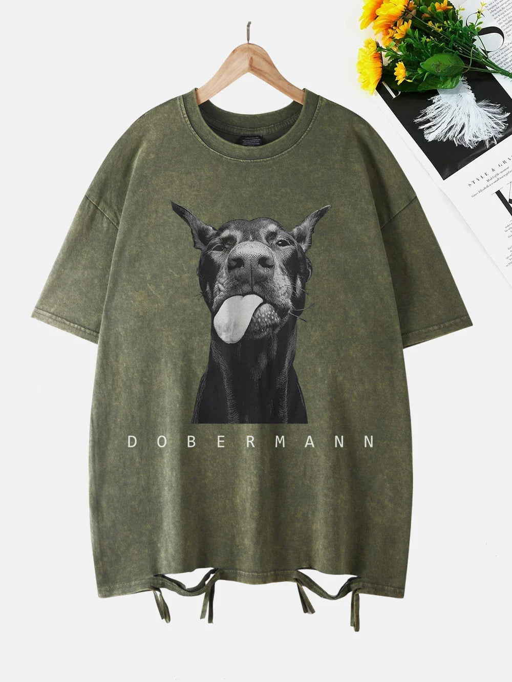 Fashion Creativity Doberman Prints Washed T-Shirt Women Cottontops Distressed O-Neck Oversize T Shirts Vintage Woman Clothes