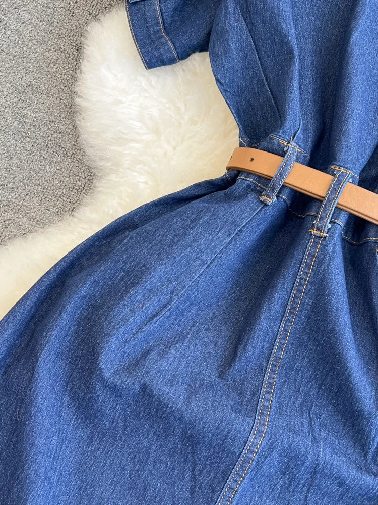XFPV Women's Sweet Short Denim Dress For Women  Belt Slim Short Sleeved Vestidos Korean Fashion Spring Summer 2025 SM11153