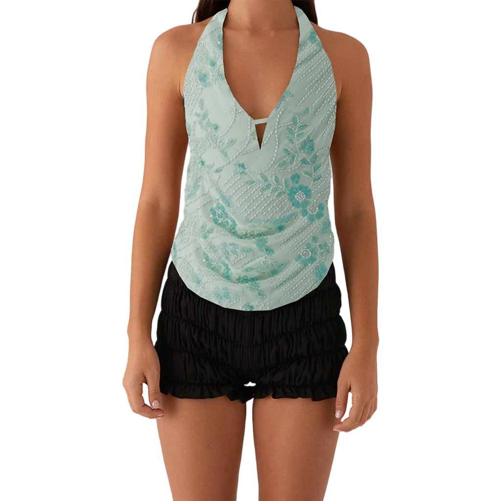 Elegant  Sequins Patchwork Women Halter Tops Summer Beaded Floral Pattern Backless Shirts Vest for Streetwear Aesthetic  Clothes