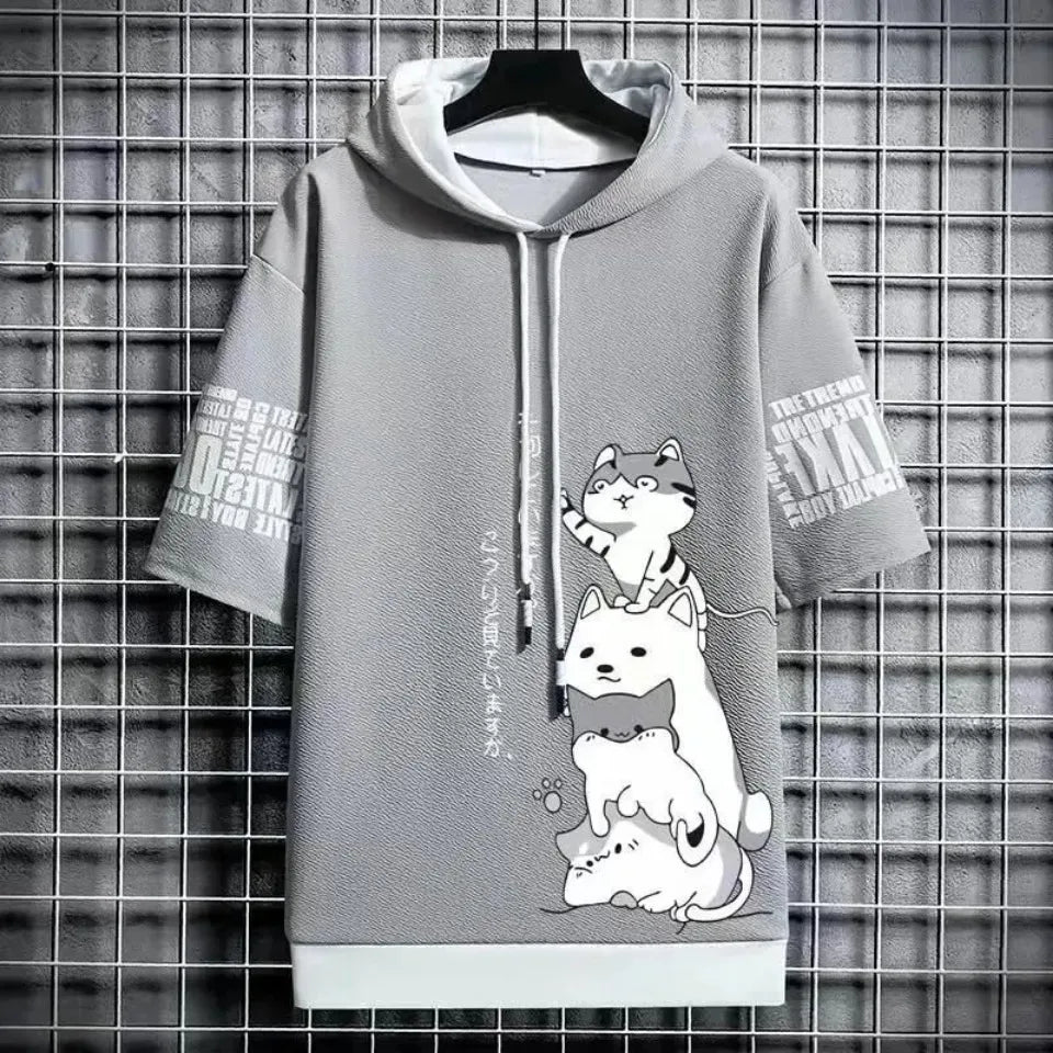 Summer T shirt Men's Hoodies Men Clothing Casual Harajuku Streetwear Print Hooded Top Short Sleeve Sweatshirts Men