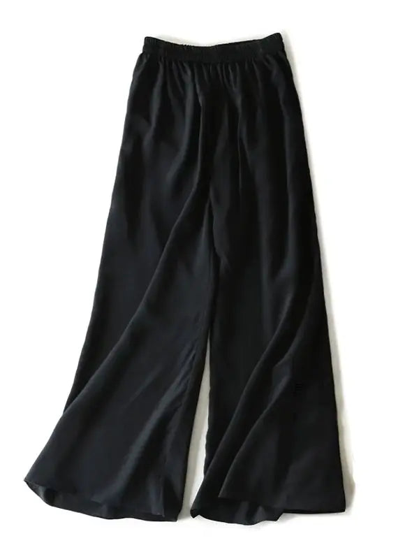 SuyaDream Women Wide Leg Pants 100%Real Silk Solid Elastic Waisted Ankle-length 2024 Office Spring Autumn Chic Trousers Black